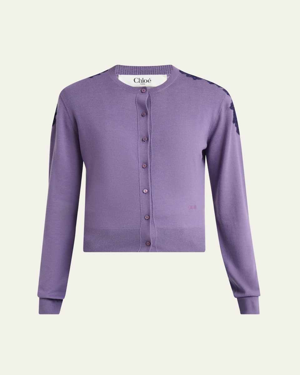 Guipure Lace-Trim Crewneck Knit Cardigan